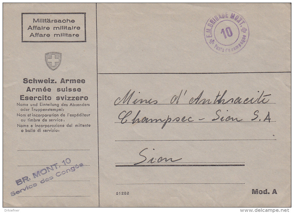 SCHWEIZ  Militärsache, BR:MONT.10 Service Des Congés, Stl: +E.M.BRIGADE MONT.+ -10- Poste De Campagne (um 1944) - Postmarks
