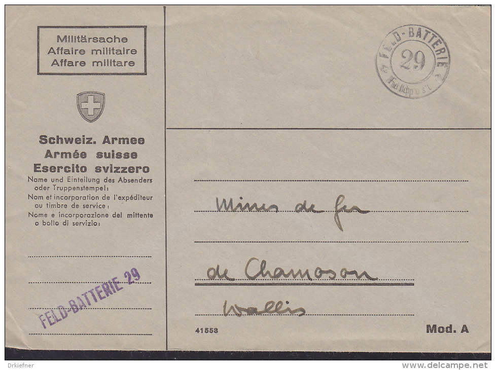 SCHWEIZ  Militärsache, FELD-BATTERIE 29, Stempel: +FELD-BATTERIE+ -29- Feldpost (um 1944) - Postmarks