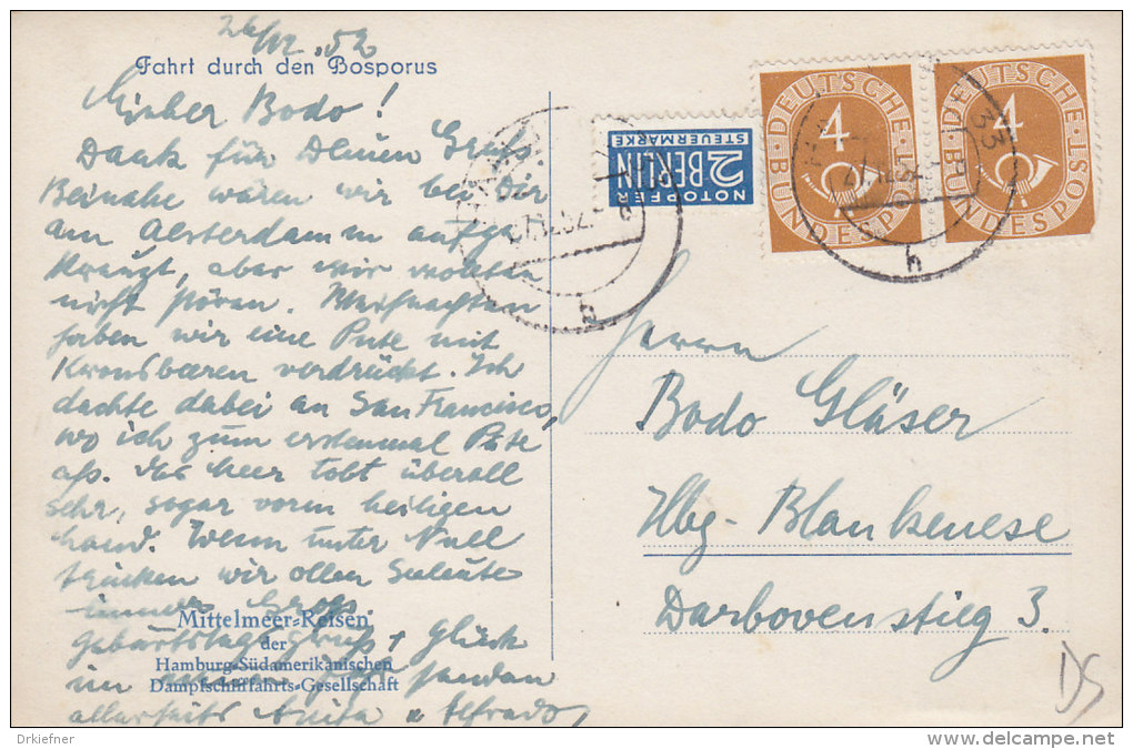 BRD 124 MeF Waagerechtes Paar Auf AK: Festung Am Bosporus, Mit Stempel: Hamburg 27.12.1952 - Briefe U. Dokumente