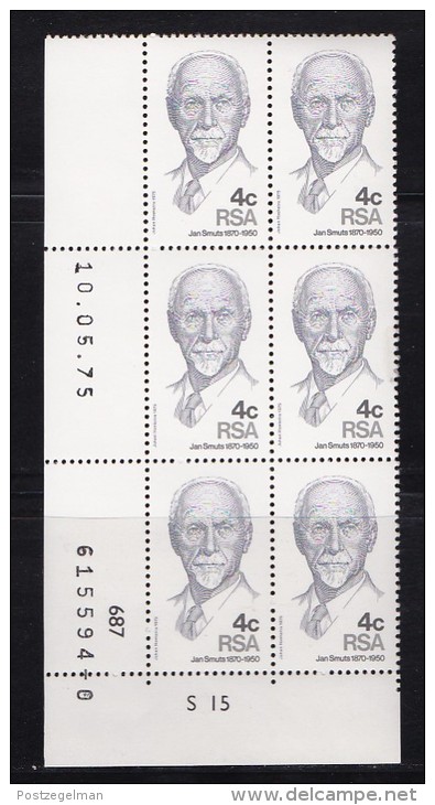 SOUTH AFRICA, 1975, MNH,  Control Block Of 6, Jan Smuts, M 471 - Unused Stamps