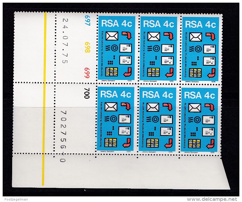 SOUTH AFRICA, 1975, MNH,  Control Block Of 6, Post, M 481 - Unused Stamps