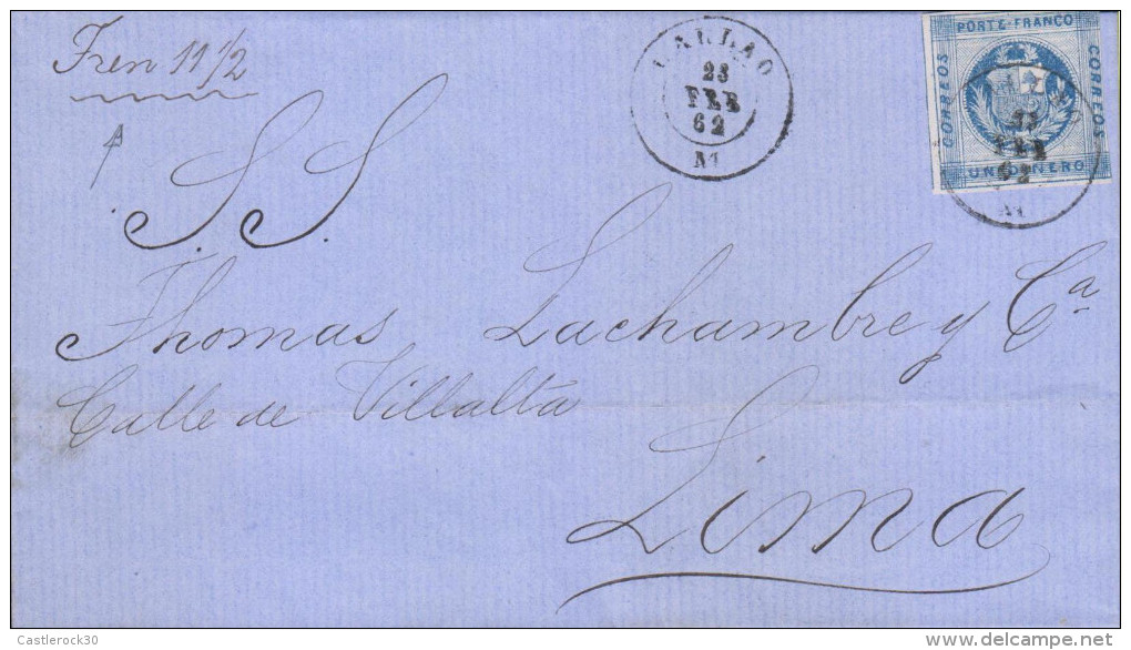 G) 1862 PERU,  1 DINERO AZUL, CALLAO/M CIRCULAR CANC., TREN 11 1/2 MANUSCRIPT, CIRCULATED COMPLETE COVER TO LIMA, XF - Peru