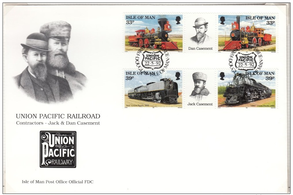 1992 THE UNION PACIFIC RAILROAD TRAINS SG 522/25 FDC - Isola Di Man