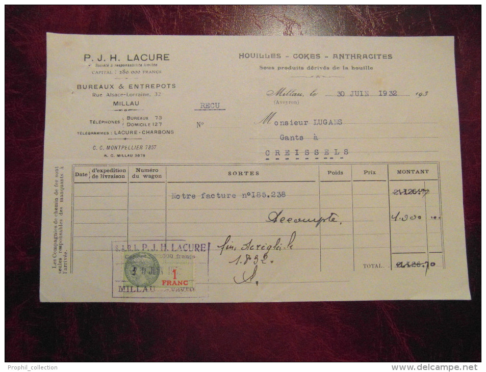 Reçu Entete P.J.H. LESCURE Millau Aveyron Houilles Cokes Anthracites 1932 Avec Timbre Fiscal - Autres & Non Classés