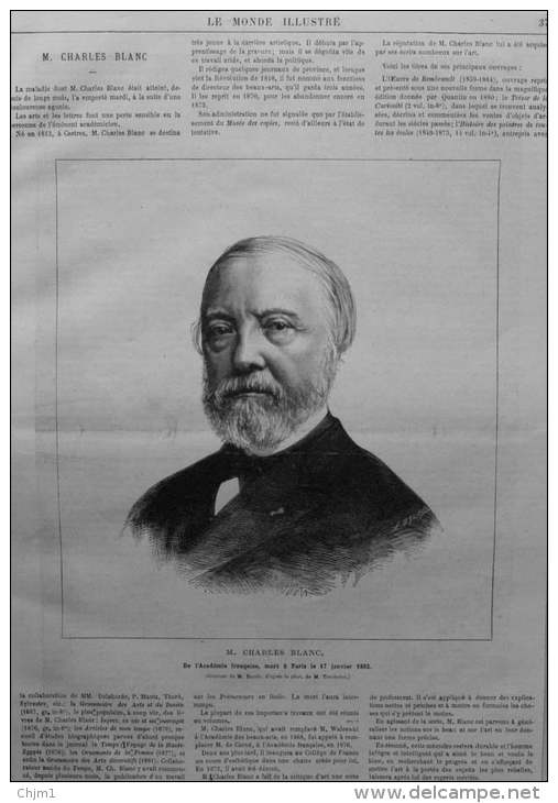 M. Charles Blanc De L'académie Francaise, Mort à Paris - Page Original 1882 - Documents Historiques