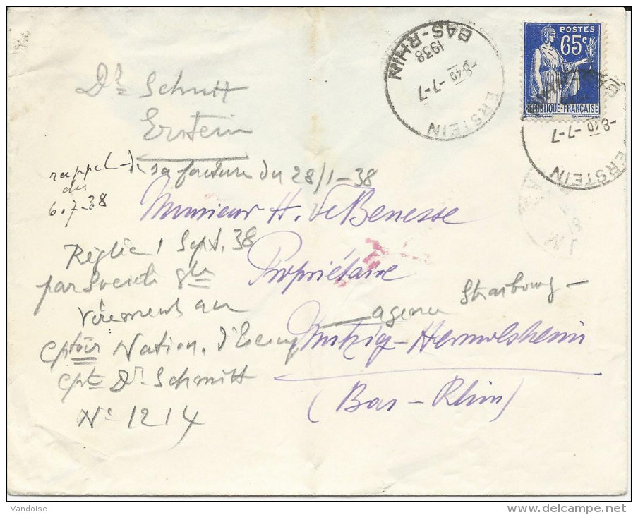 LETTRE DE 1938 AVEC CACHET HOROPLAN DE ERSTEIN - Lettres & Documents