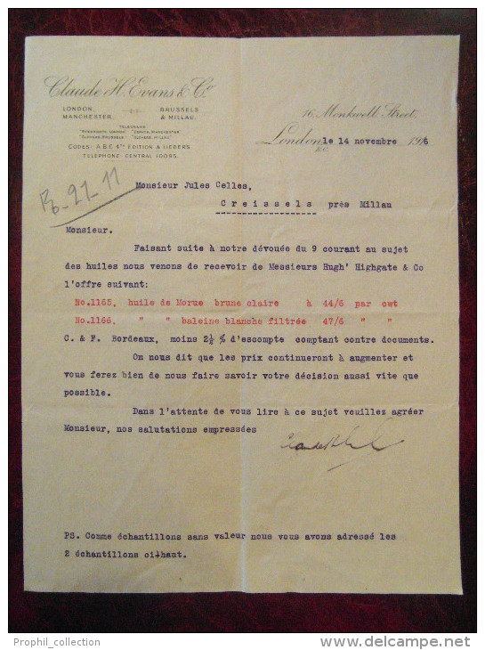 Lettre Commerciale Entete CLAUDE EVANS Londres London 1916 Pour Millau / Creissels Aveyron Huile De Morue - Sonstige & Ohne Zuordnung