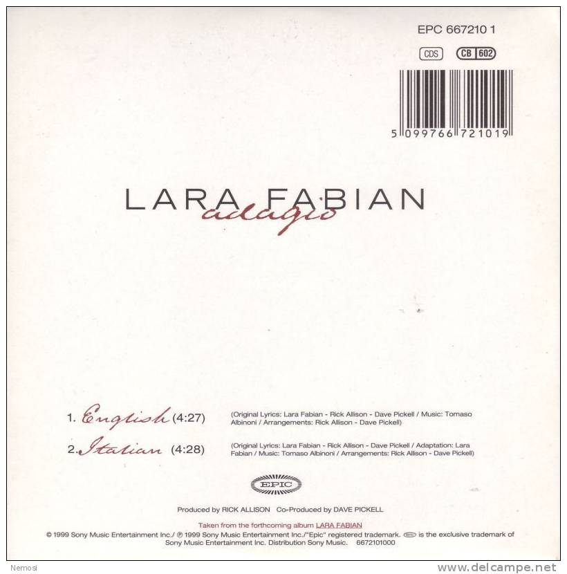 CD - Lara FABIAN - Adagio (English Version - 4.27) - Same (Italian Version - 4.28) - Verzameluitgaven