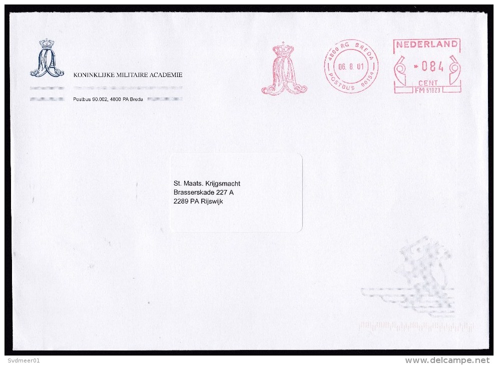 Netherlands: Cover, 2001, Meter Cancel, Royal Military Academy, Logo, Army, Heraldry (traces Of Use) - Lettres & Documents