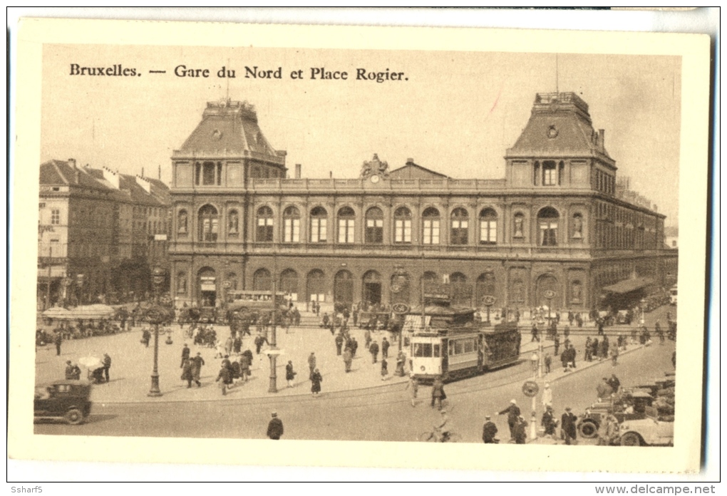 BRUXELLES Gare Du Nord Et Place Rogier Avec Tram  Publicité Chocolat MARTOUGIN Env. 1920 - Public Transport (surface)