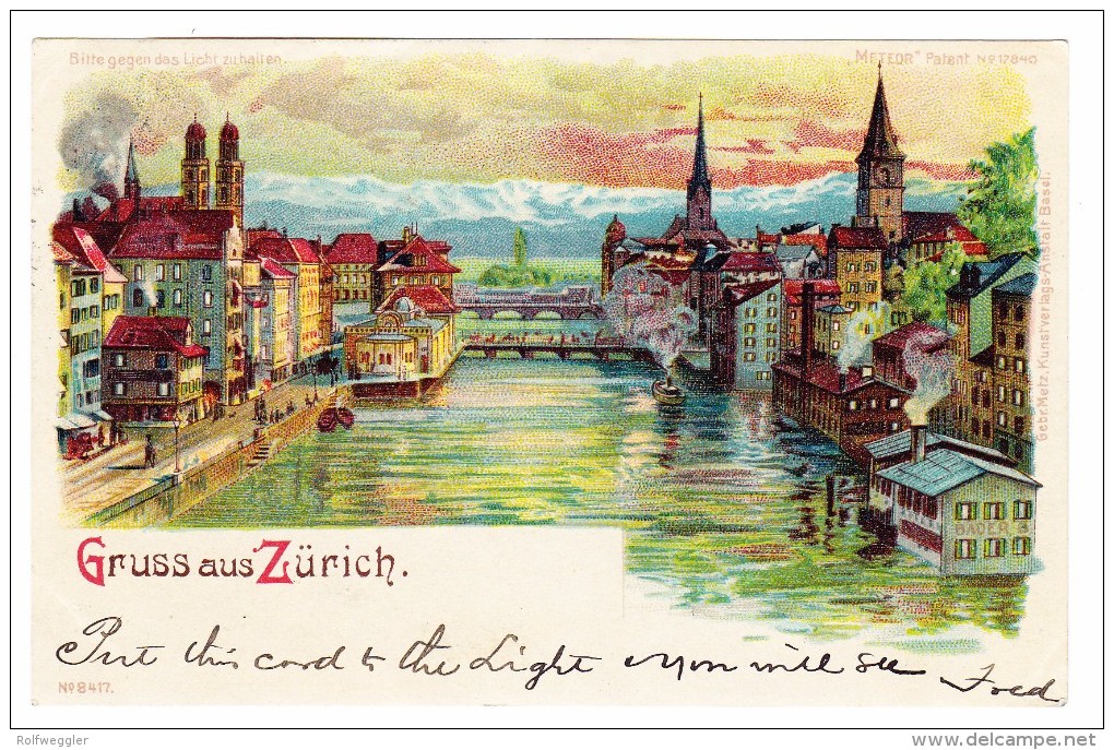 AK ZH Gruss Aus Zürich Meteor Karte Ges 15.4.1904 Stempel Poste Du Baur Au Lac ZH Litho Gebr. Metz - Zürich