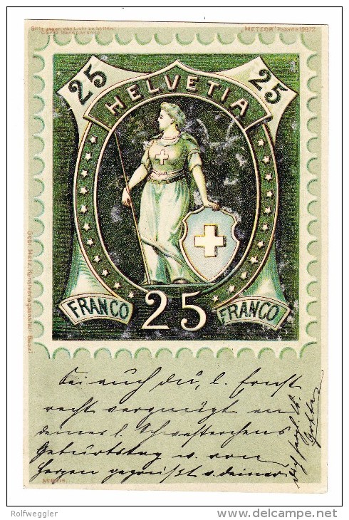 AK Motiv Briefmarken - Stehende Helvetia 25Rp. Grün - Meteor Karte Gebr. Metz Ges.2.9.1899 Frauenfeld - Stamps (pictures)