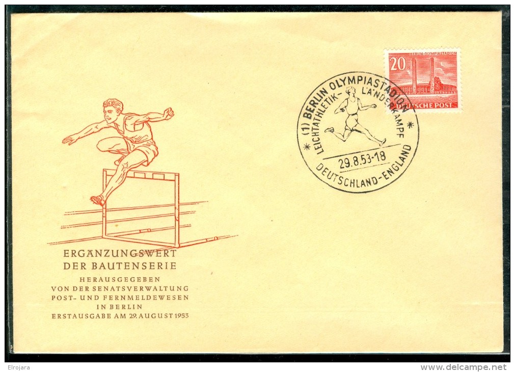 GERMANY Olympic Stadium On Illustarted Cover With First Day Cancel 29.8.53 Athletic Match Germany-Great Britain - Summer 1952: Helsinki