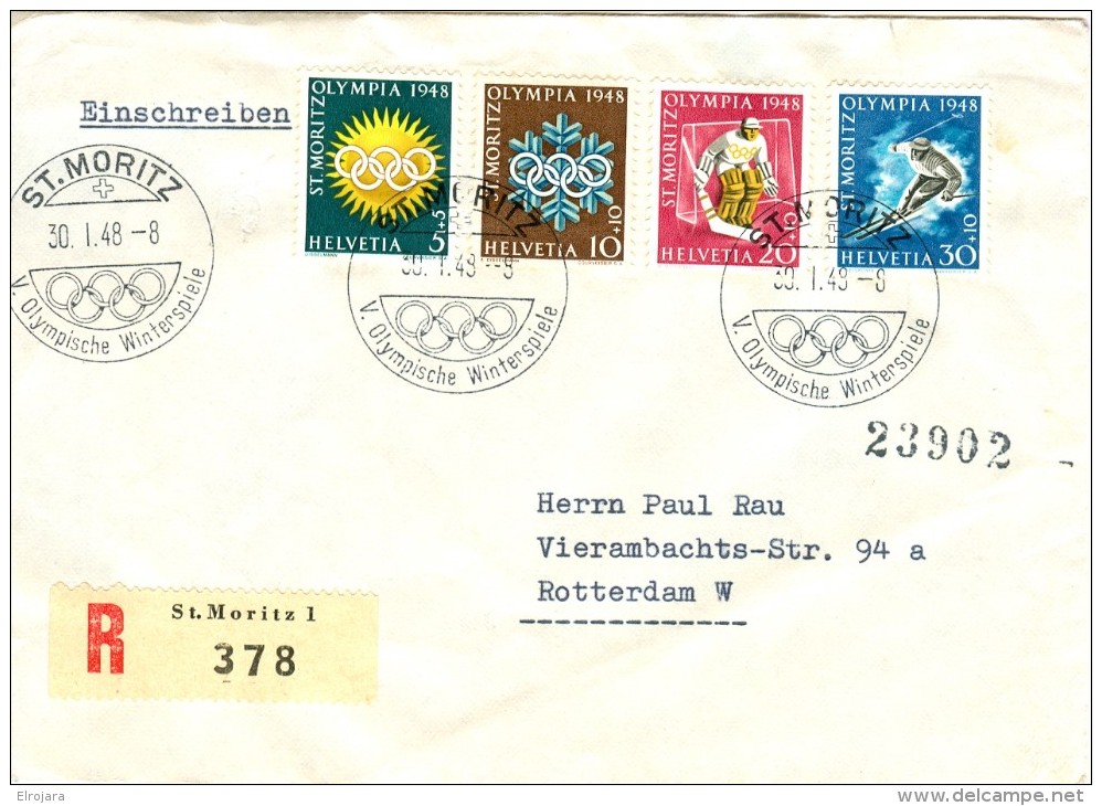 Switzerland Set On Reg.cover With Olympic Cancel From 30.1.48 The Opening Day Of The Games With Posterstamp On The Back - Winter 1948: St-Moritz