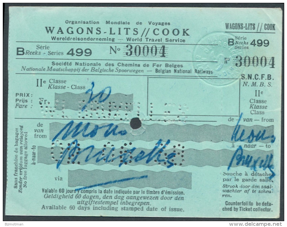 QX812 BELGIUM Wagon Lits/Cook 2nd Cl Ticket 1938 - Europe
