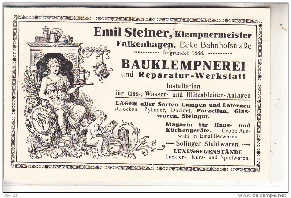 0-1540 FALKENSEE - FALKENHAGEN, Emil Steiner, Bauklempnermeister, Dek. Rechnungsrückseite - Falkensee