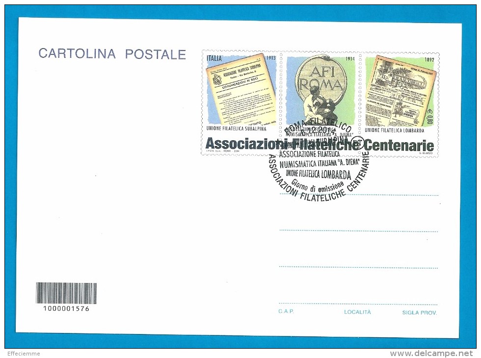 CODICE A BARRE 2014 - INTERO POSTALE CARTOLINA ASSOCIAZIONI FILATELICHE CENTENARIE - ANNULLO ROMA - Stamped Stationery