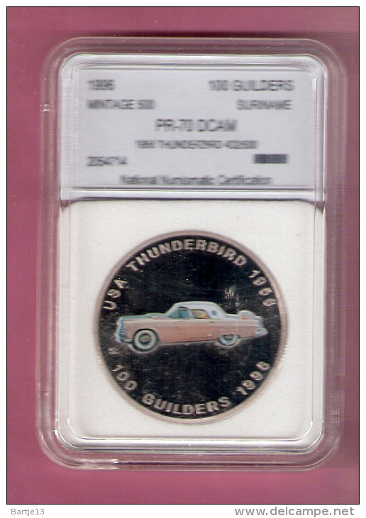 SURINAME 100 GUILDERS 1996 THUNDERBIRD 1956 PROOF SCARCE MINTAGE 500 PCS. - Surinam 1975 - ...