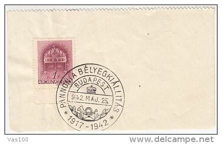 ROYAL CROWN STAMP, BUDAPEST PHILATELIC EXHIBITION SPECIAL POSTMARK ON WAX PAPER, 1942, HUNGARY - Storia Postale