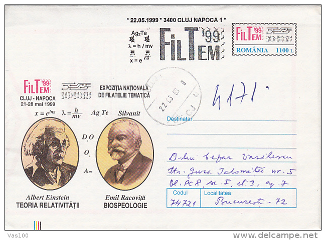 ALBERT EINSTEIN, EMIL RACOVITA, SCIENTIST, COVER STATIONERY, ENTIER POSTAL, 1999, ROMANIA - Albert Einstein