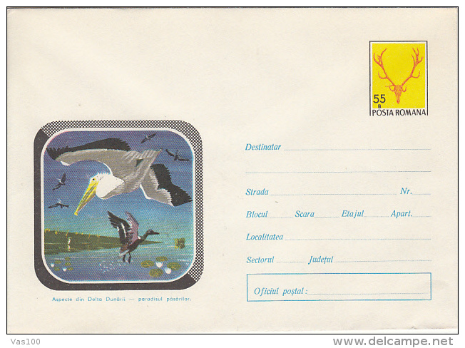 BIRDS, PELICANS, HERONS, DANIBE DELTA BIRDS, DEER TROPHY,  COVER STATIONERY, ENTIER POSTAL, 1971, ROMANIA - Pelicans