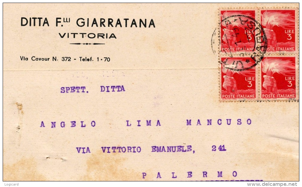 VITTORIA DITTA F.LLI GIARRATANA QUARTINA DI DEMOCRATICA DA 3 LIRE 1949 - Vittoria
