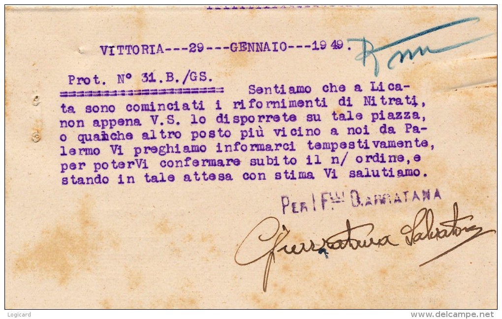 VITTORIA DITTA F.LLI GIARRATANA QUARTINA DI DEMOCRATICA DA 3 LIRE 1949 - Vittoria