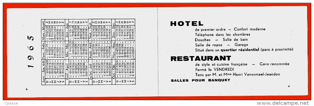 Calendrier Publicitaire 1965 Hôtel Résidence - Restaurant CYGNE D'ARGENT Rue Beeckman LIEGE Vanosmael-Jeandon - Petit Format : 1961-70