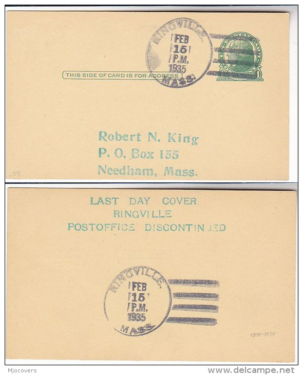 1935 LAST DAY Of RINGVILLE Mass POST OFFICE  USA Postal STATIONERY CARD United States Stamps Cover - 1921-40