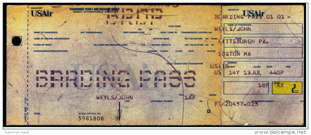 Boarding Pass  -  US Air  -  Pittsburgh PA. / Boston MA - Bordkarten