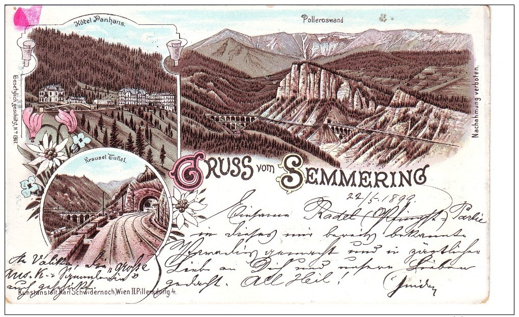 #4840 Austria, Semmering Litho Postcard Mailed 1899 Multiview:Tunnel, Railway, Hotel - Semmering