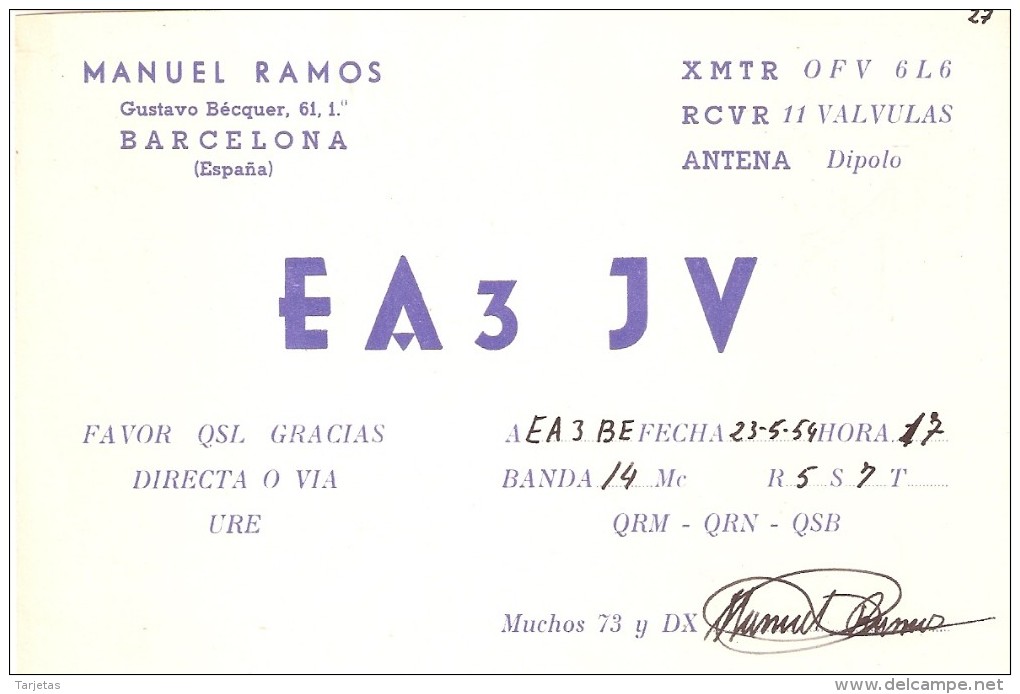 QSL POSTAL DE RADIO AFICIONADO DE BARCELONA DEL AÑO 1954 (SPANISH RADIO STATION) - Radio Amateur