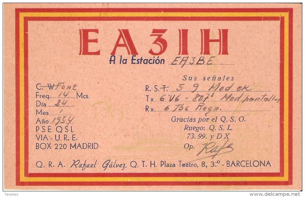 QSL POSTAL DE RADIO AFICIONADO DE BARCELONA DEL AÑO 1954 (SPANISH RADIO STATION) - Radio Amateur