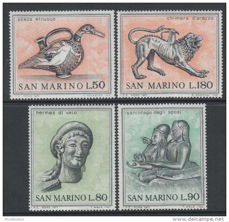 San Marino 1971 Art Of The Etruscan Archaeology Objects Sculptures Animals Duck Bird Lion Stamps MNH Michel 980-983 - Archéologie