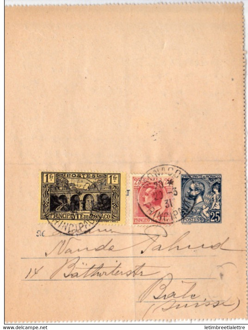 ⭐ Monaco - Entier Postal - Pour La Suisse - 20 / 03 / 1931 ⭐ - Postal Stationery
