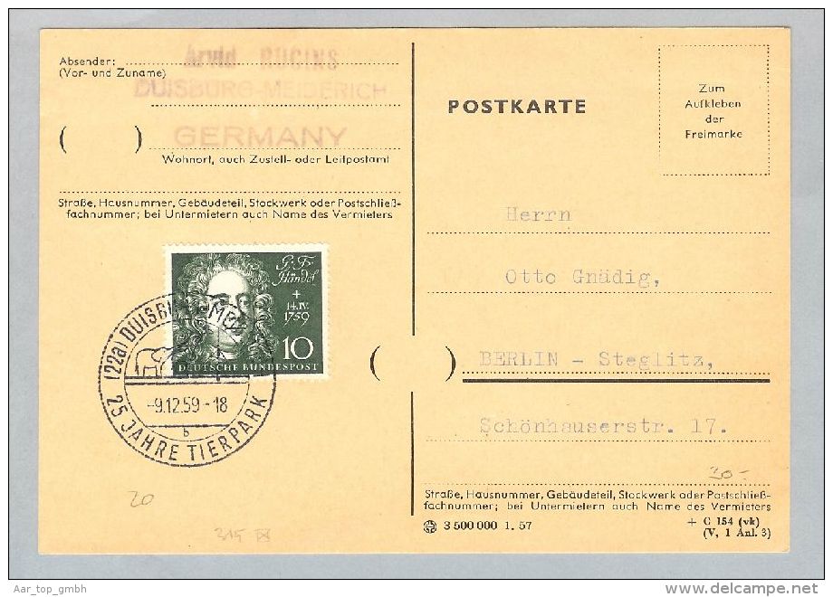 DE BRD 1959-12-09 Duisburg PK Mi#315 EF - Lettres & Documents