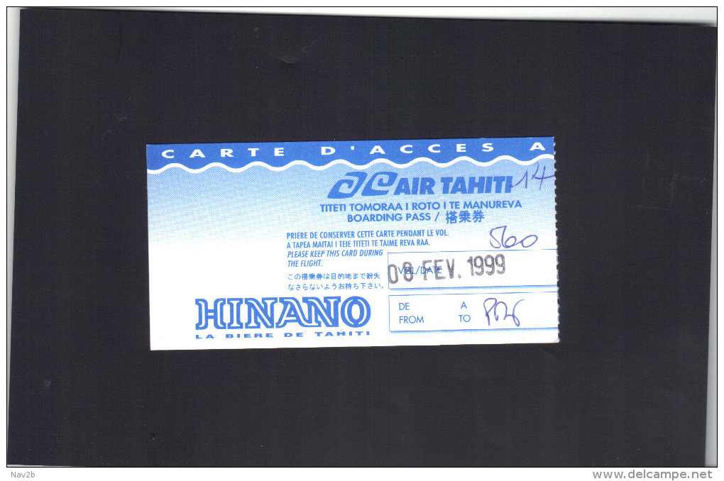 AIR TAHITI . Carte D'embarquement  1999 . - Carte D'imbarco