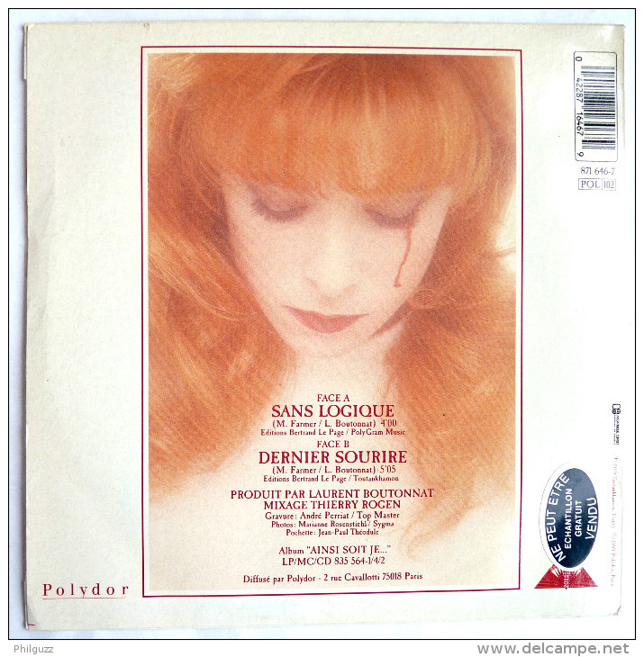 Disque Vinyle 45T MYLENE FARMER - SANS LOGIQUE -  POLYDOR 8711646 7- 1989 AVEC ETIQUETTE AU DOS NE PEUT ETRE VENDU - Autres - Musique Française