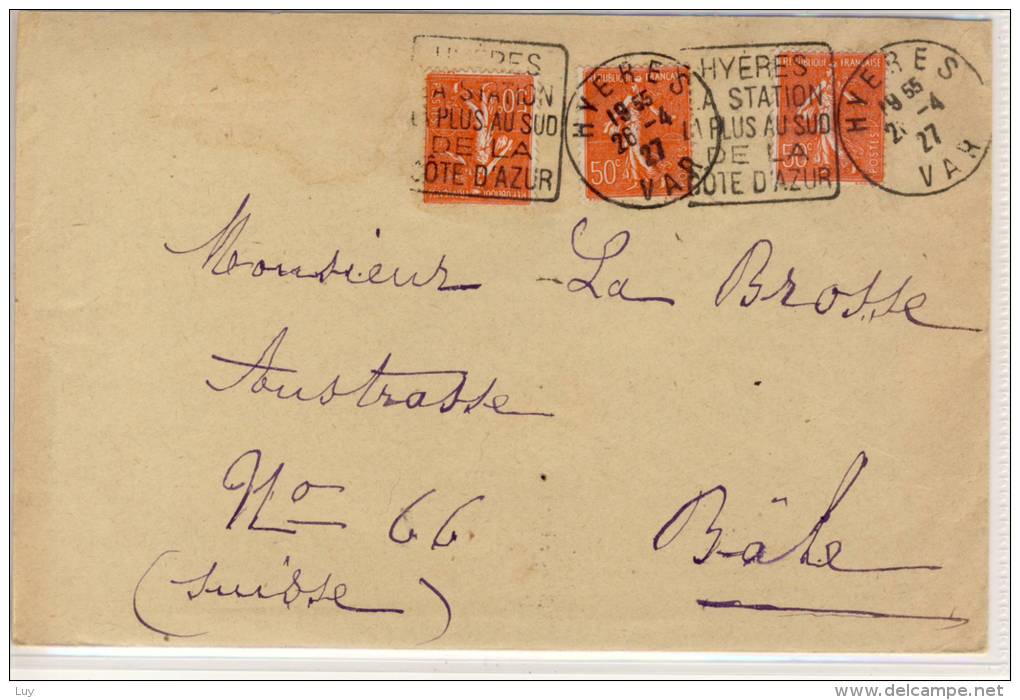 Lettre  De HYERES, 1927  Pour Bale, Suisse - Covers & Documents