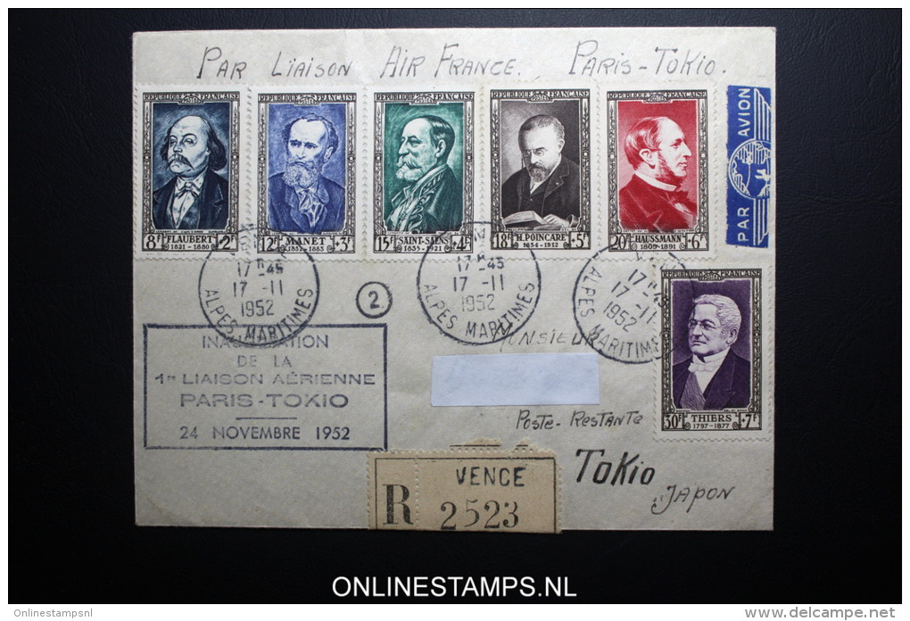 France: Premier Liasions Aerienne  Paris Tokio Japon  Par Air France 24-11-1952 R-lettre Yv 930-935 - 1927-1959 Brieven & Documenten