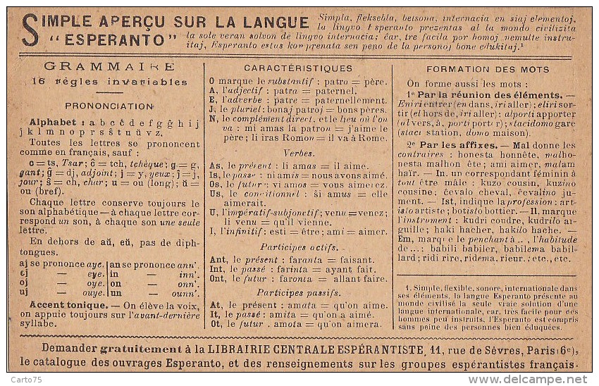 Langages - Langue Esperanto - Grammaire - Publicité Librairie Espérantiste 11 Rue De Sèvres Paris 75 6ème - Esperanto