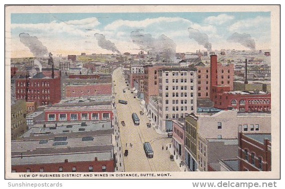 Street View Of Business District And Mines In Distance Butte Montana 1919 Curteich - Butte