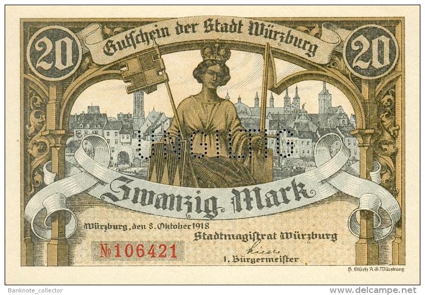 Deutschland, Germany, Gutschein Der Stadt Würzburg, Set - 10 & 20 Mark, UNC, 1918 ! - 10 Mark