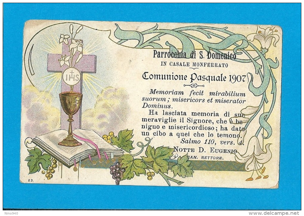 COMUNIONE PASQUALE: ANNO 1907 -  CASALE MONFERRATO-PARROCCHIA DI S. DOMENICO - Mm. 71X111 - MAN - Religione & Esoterismo