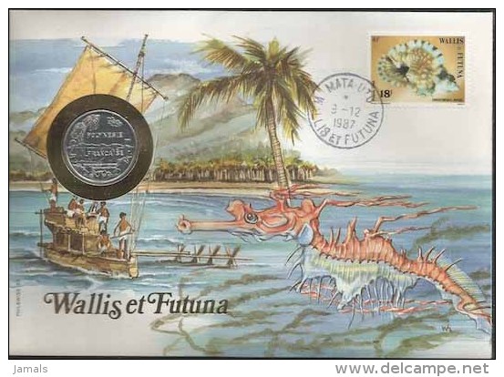 Wallis And Futuna, Sea Horse, Marine Life, Boat, Mountain, Special Cover With Coin - Covers & Documents