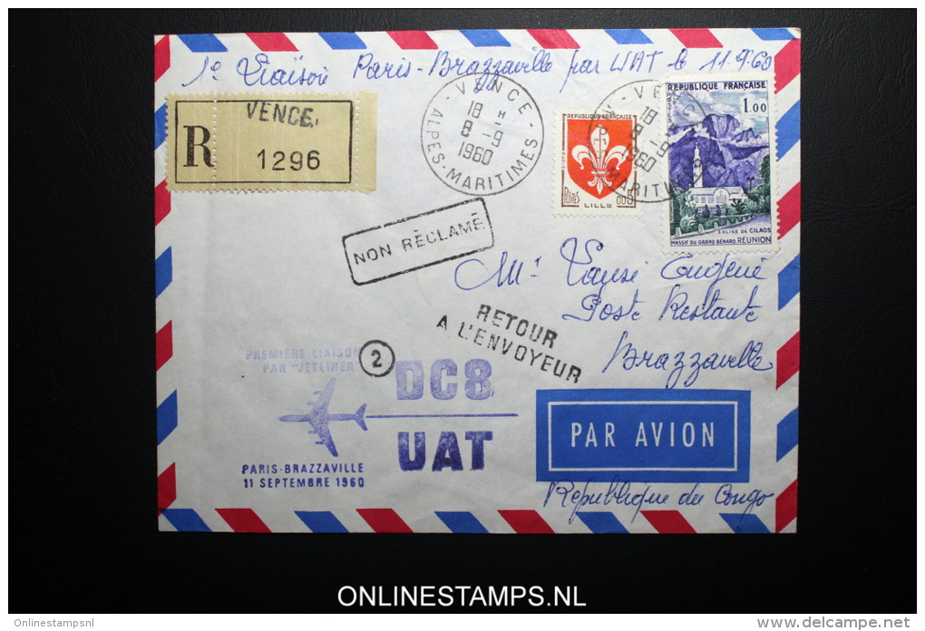 France: Premier Liasions Aerienne  Paris  -Brazzaville Congo  DC8 11-9-1960 R-lettre - Storia Postale