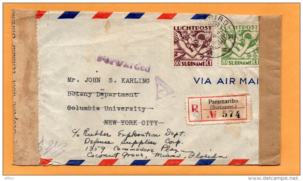 Surinam 1943 Censored Registered Air Mail Cover Mailed To USA - Surinam ... - 1975