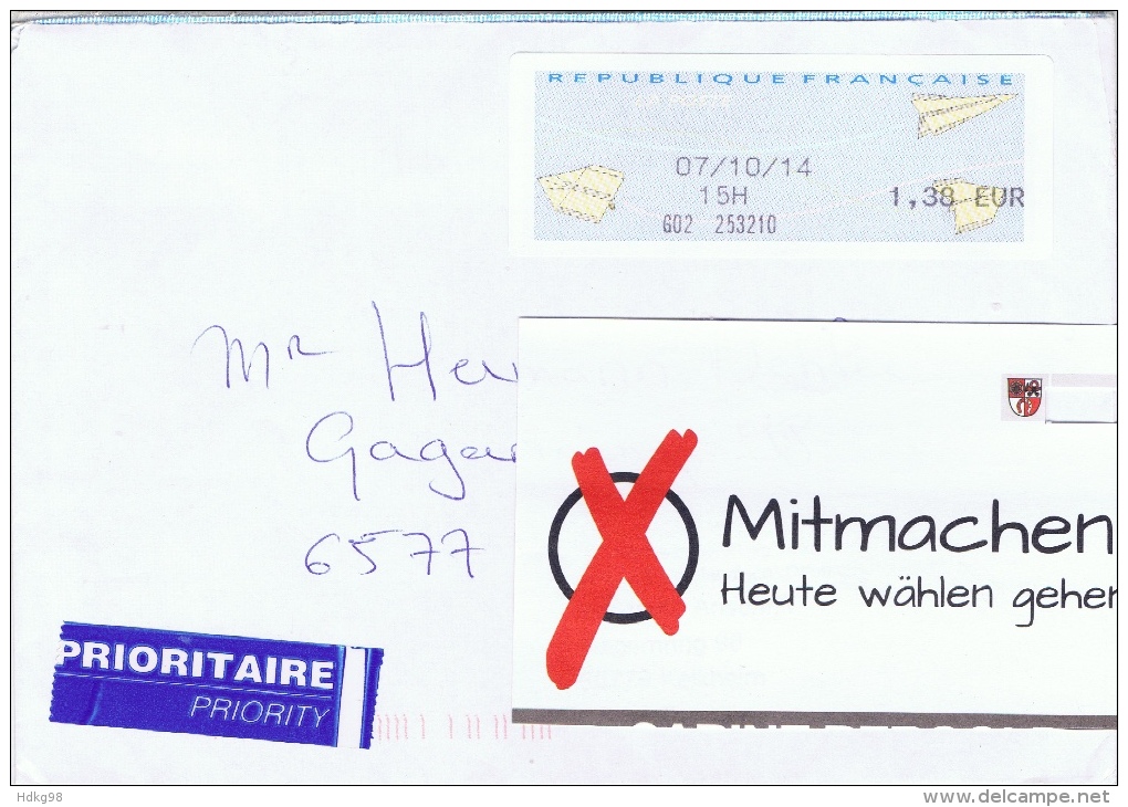 F+ Frankreich 2014 Mi Xx Flieger € 1,38 ATM Automatenmarke - 1999-2009 Illustrated Franking Labels