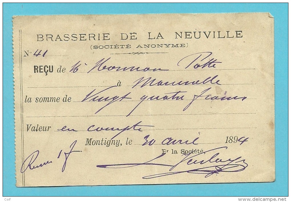 BRASSERIE DE LA NEUVILLE  1893 /  MONTIGNY  (F456) - Alimentaire