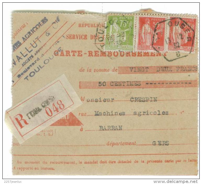 Lot De 5 Cartes De Remboursement Oblit Toulouse Arnaud Bernard De 1929 à 1932 Et Timbres Perforé - Documents De La Poste